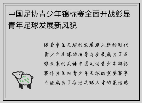 中国足协青少年锦标赛全面开战彰显青年足球发展新风貌