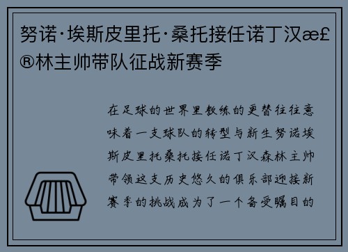 努诺·埃斯皮里托·桑托接任诺丁汉森林主帅带队征战新赛季 努诺·埃斯皮里托·桑托接任诺丁汉森林主帅带队征战新赛季